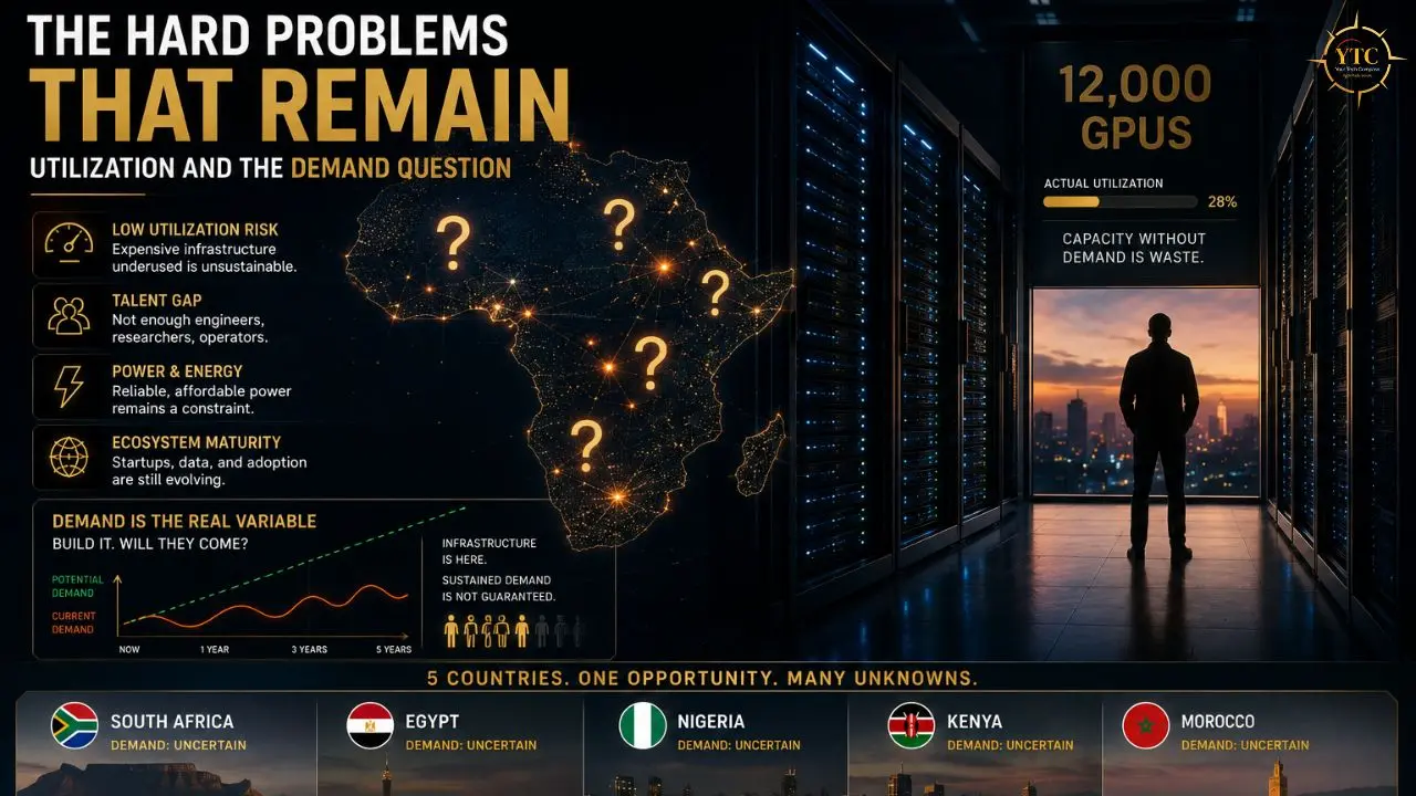 Infographic titled “The Hard Problems That Remain” shows African data centers, utilization concerns, GPU capacity, and uncertain demand in five countries.