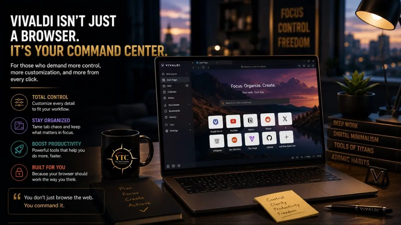 Promotional graphic for Vivaldi browser showing a laptop, with text reading “It’s your command center” and “Focus. Organize. Create.”