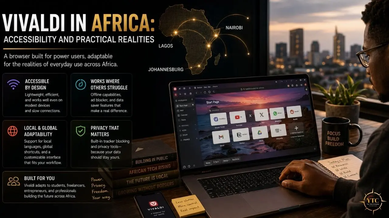 Graphic titled “Vivaldi in Africa: Accessibility and Practical Realities,” beside a person using a laptop in a city-view office.