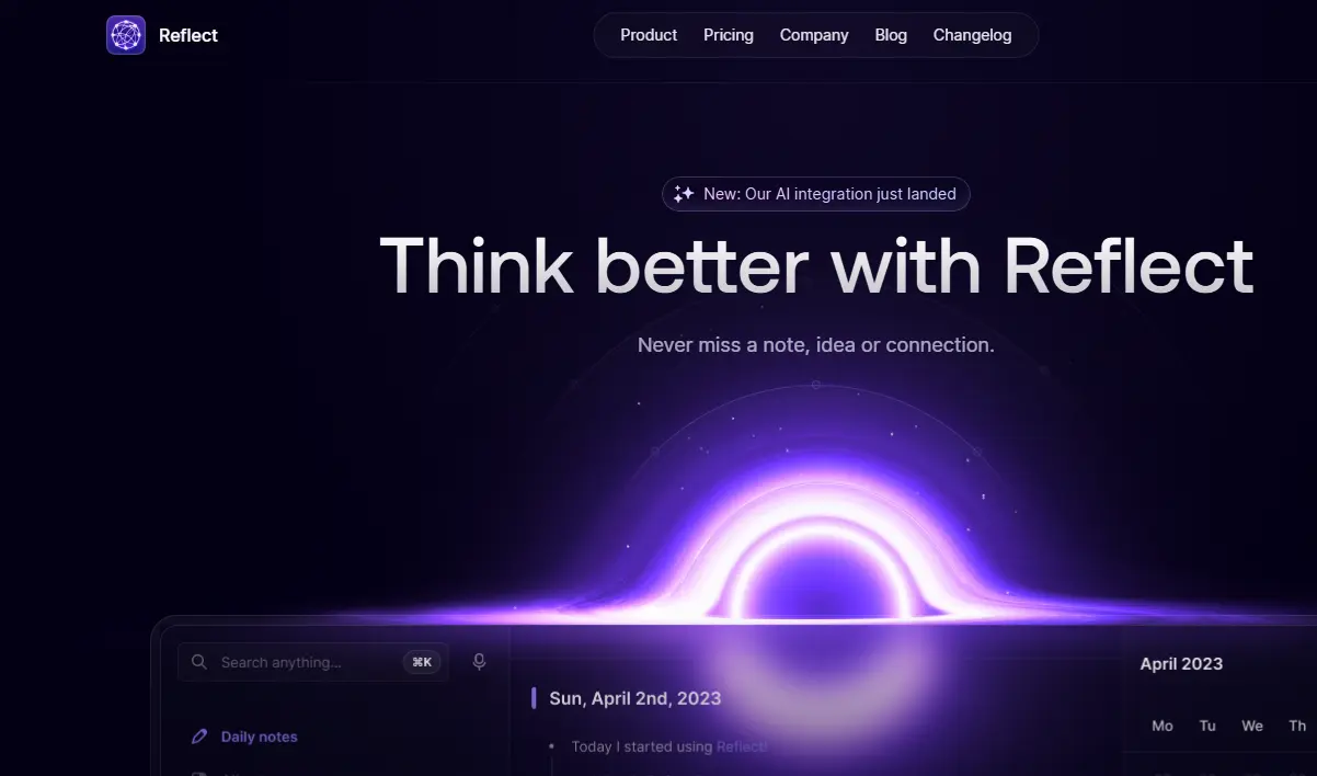 Reflect note-taking app landing page with a dark purple interface, navigation links, “Think better with Reflect” headline, and glowing futuristic notebook graphic.