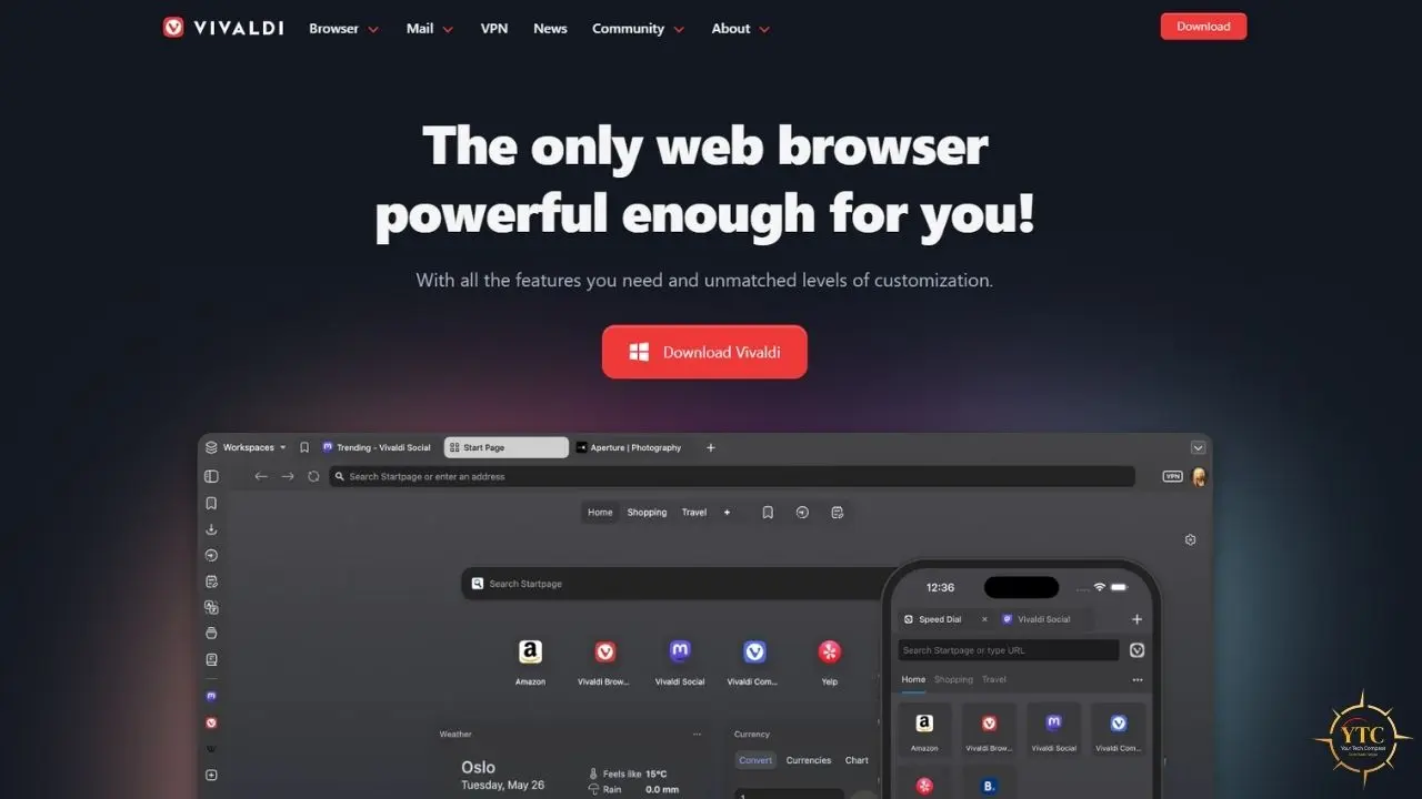 Vivaldi browser webpage showing the headline “The only web browser powerful enough for you!” above desktop and mobile browser previews.