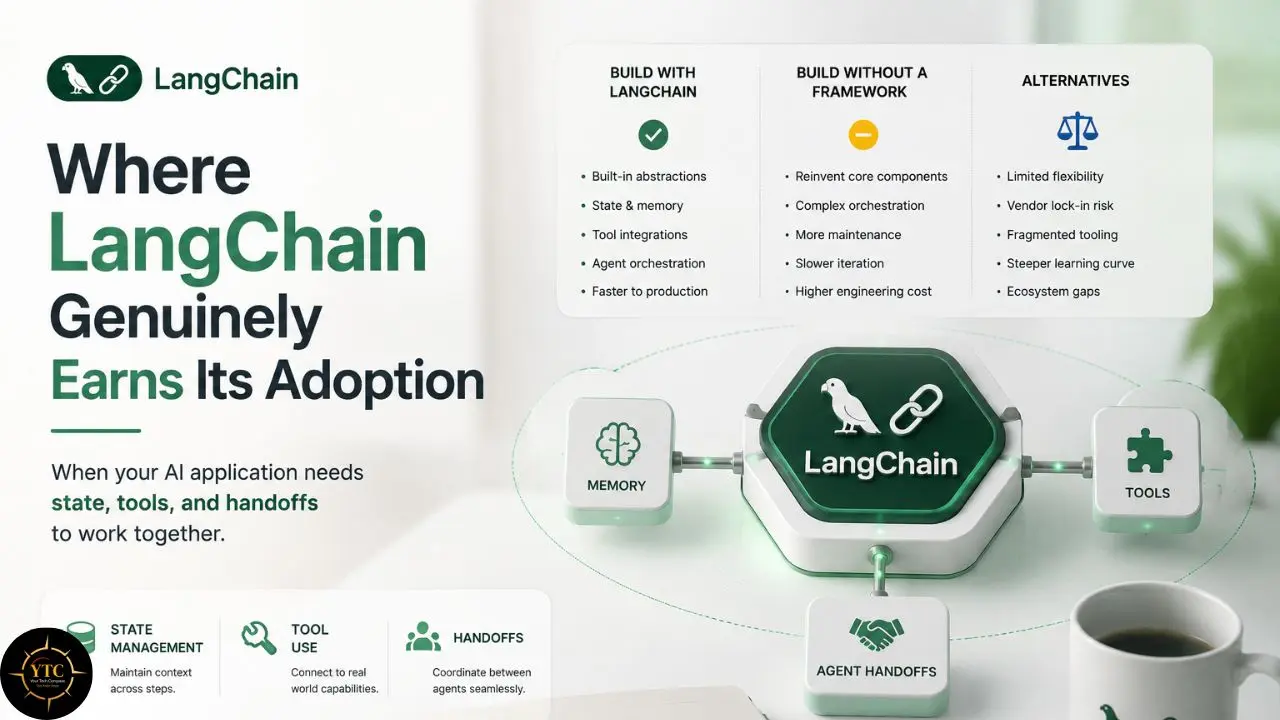 LangChain infographic titled “Where LangChain Genuinely Earns Its Adoption,” showing memory, tools, and agent handoffs around a central LangChain logo.