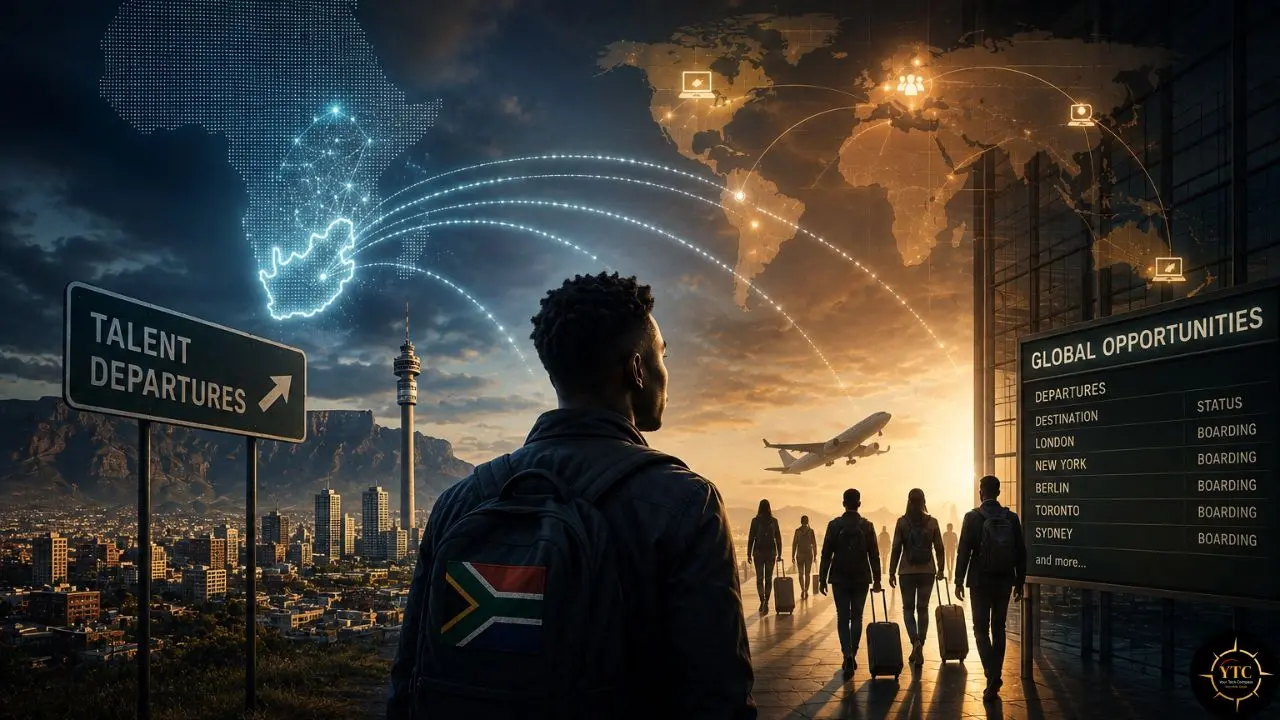 Traveler with a South African flag backpack overlooks a city as departing passengers, an airplane, and glowing global flight routes appear beneath signs for talent departures and international opportunities.