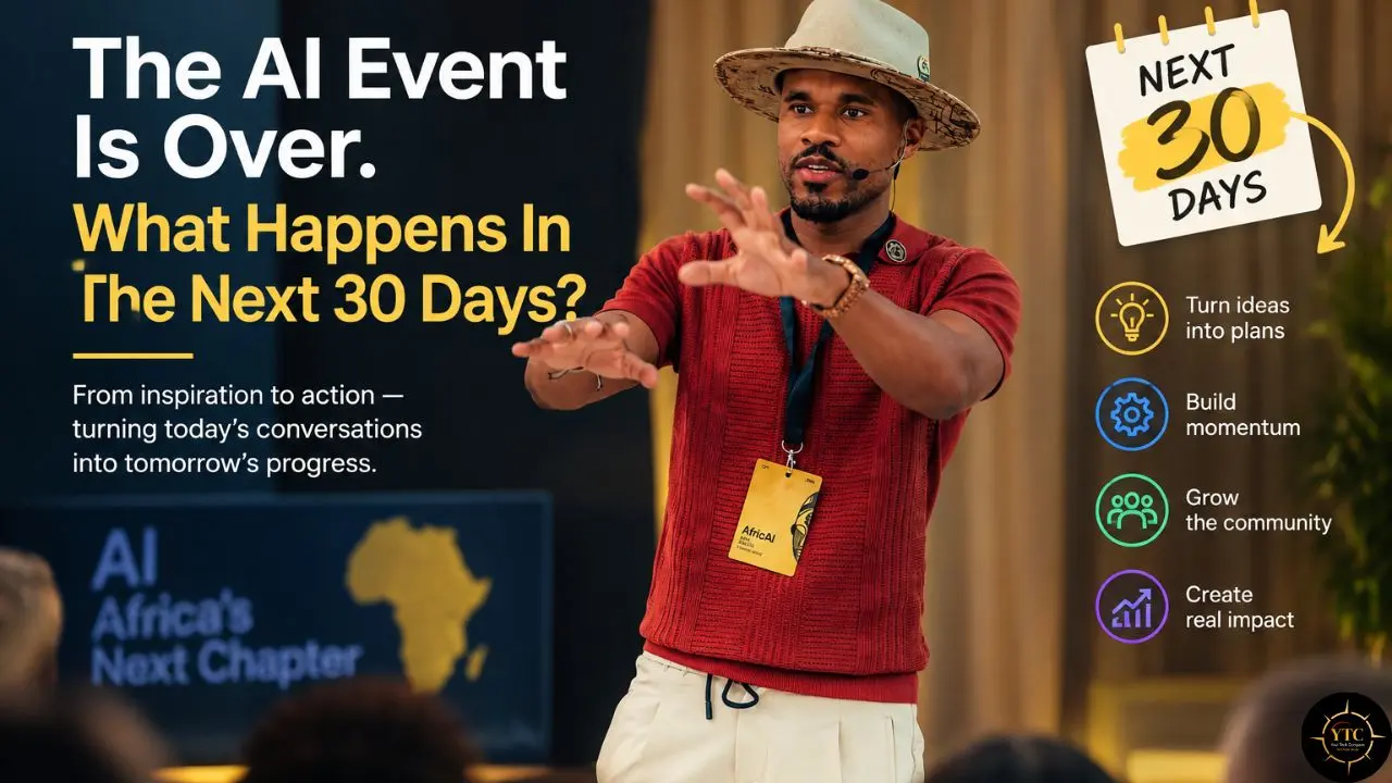 A man gestures beside the headline “The AI Event Is Over”; a “30 Days” graphic lists plans, momentum, community, and impact.