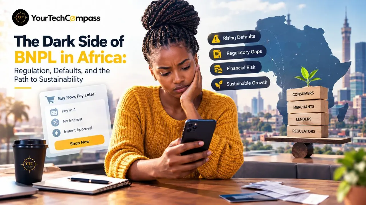 Graphic titled “The Dark Side of BNPL in Africa,” showing a woman with a phone, payment options, and labels for defaults, risks, and stakeholders.