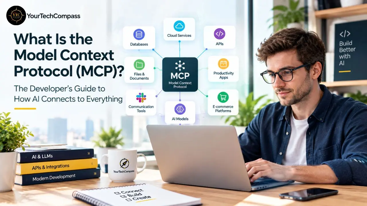 A man works at a laptop beside a diagram explaining MCP’s links to databases, cloud services, APIs, files, apps, tools, and AI models. The headline reads “What Is the Model Context Protocol (MCP)?”