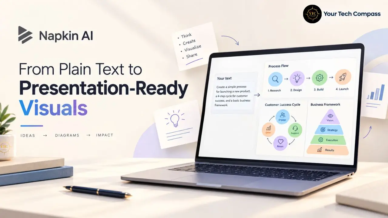 Laptop displaying process-flow diagrams beside text reading “Napkin AI: From Plain Text to Presentation-Ready Visuals.”