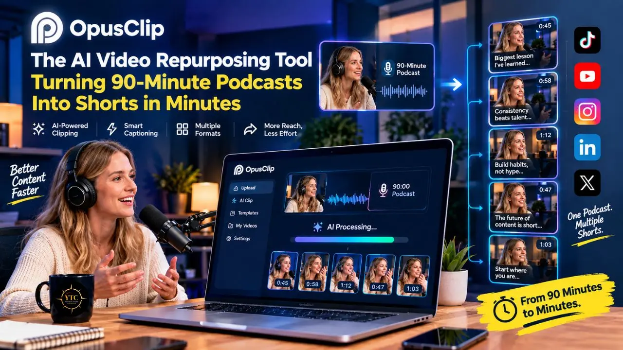 Woman records a podcast beside a laptop showing OpusClip turning a 90-minute podcast into short videos, with social media icons and captions.
