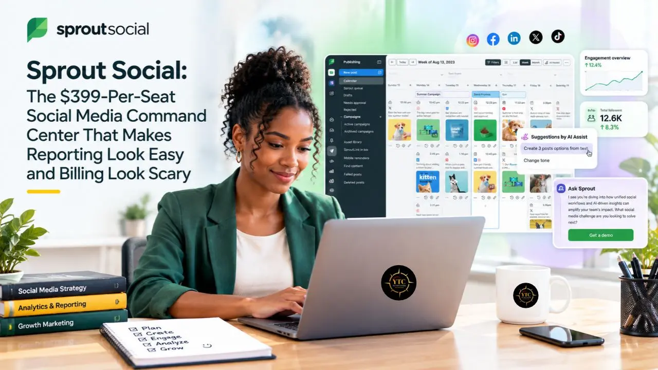 A woman works at a laptop beside marketing books and a mug; the headline reads, “Sprout Social: The $399-Per-Seat Social Media Command Center That Makes Reporting Look Easy and Billing Look Scary.”