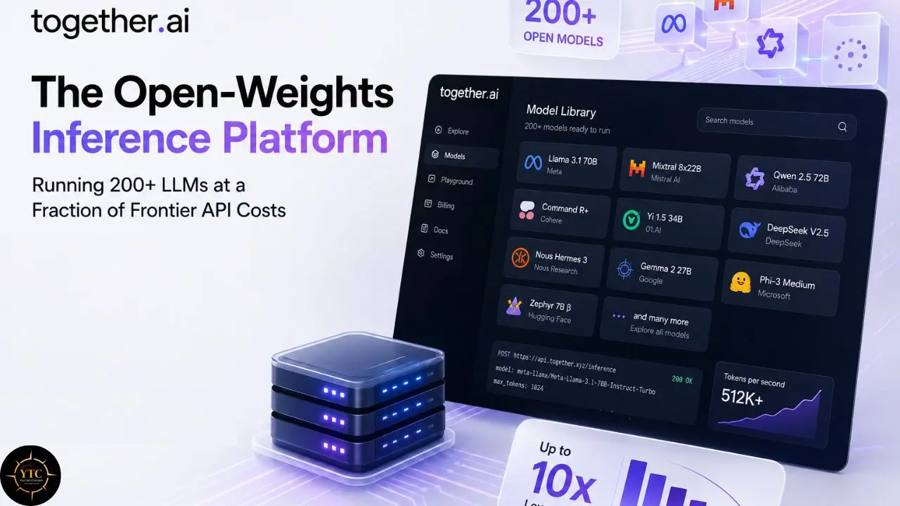 Together.ai graphic shows a server stack beside an AI model dashboard, with text reading “The Open-Weights Inference Platform.”