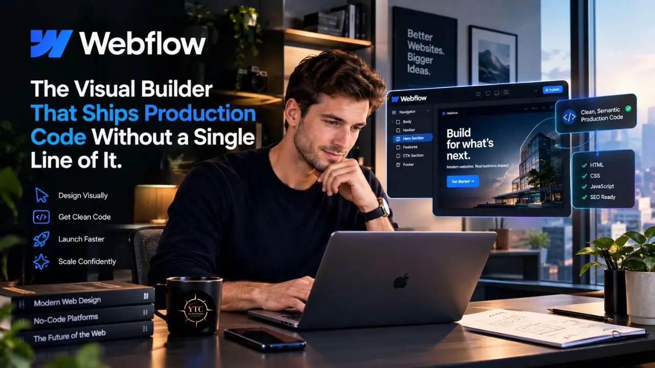 Webflow promotional graphic showing a man using a laptop beside text reading “The Visual Builder That Ships Production Code Without a Single Line of It.”