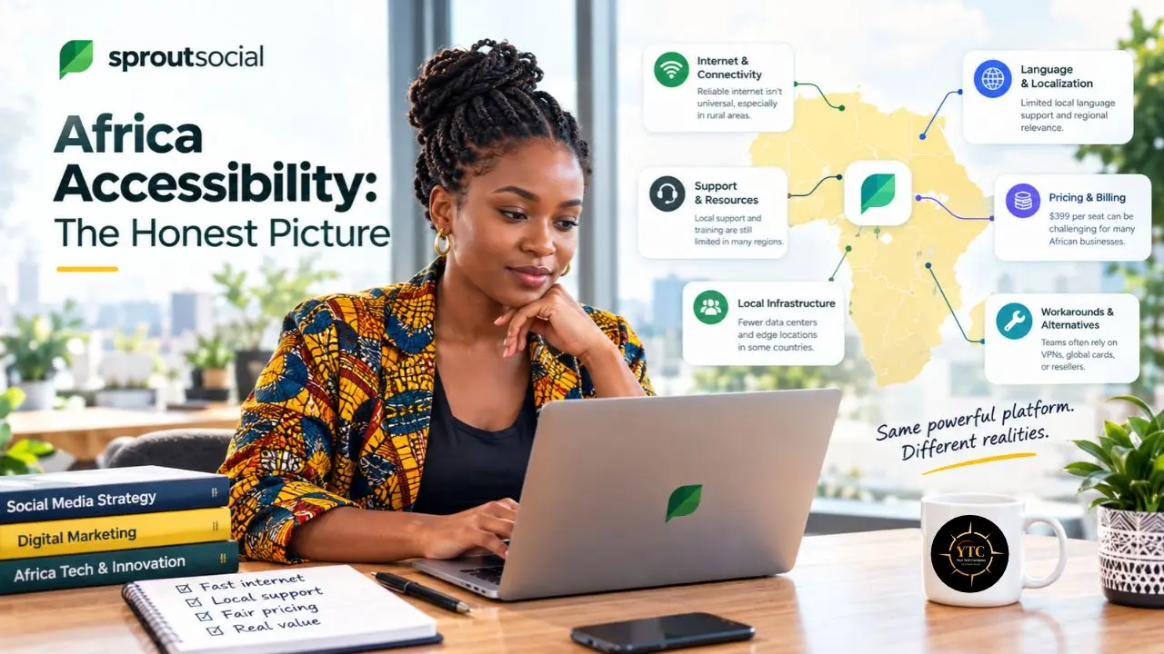 A woman using a laptop sits beside books and a notebook listing “Fast internet,” “Local support,” “Fair pricing,” and “Real value”; a graphic reads “Africa Accessibility: The Honest Picture.”