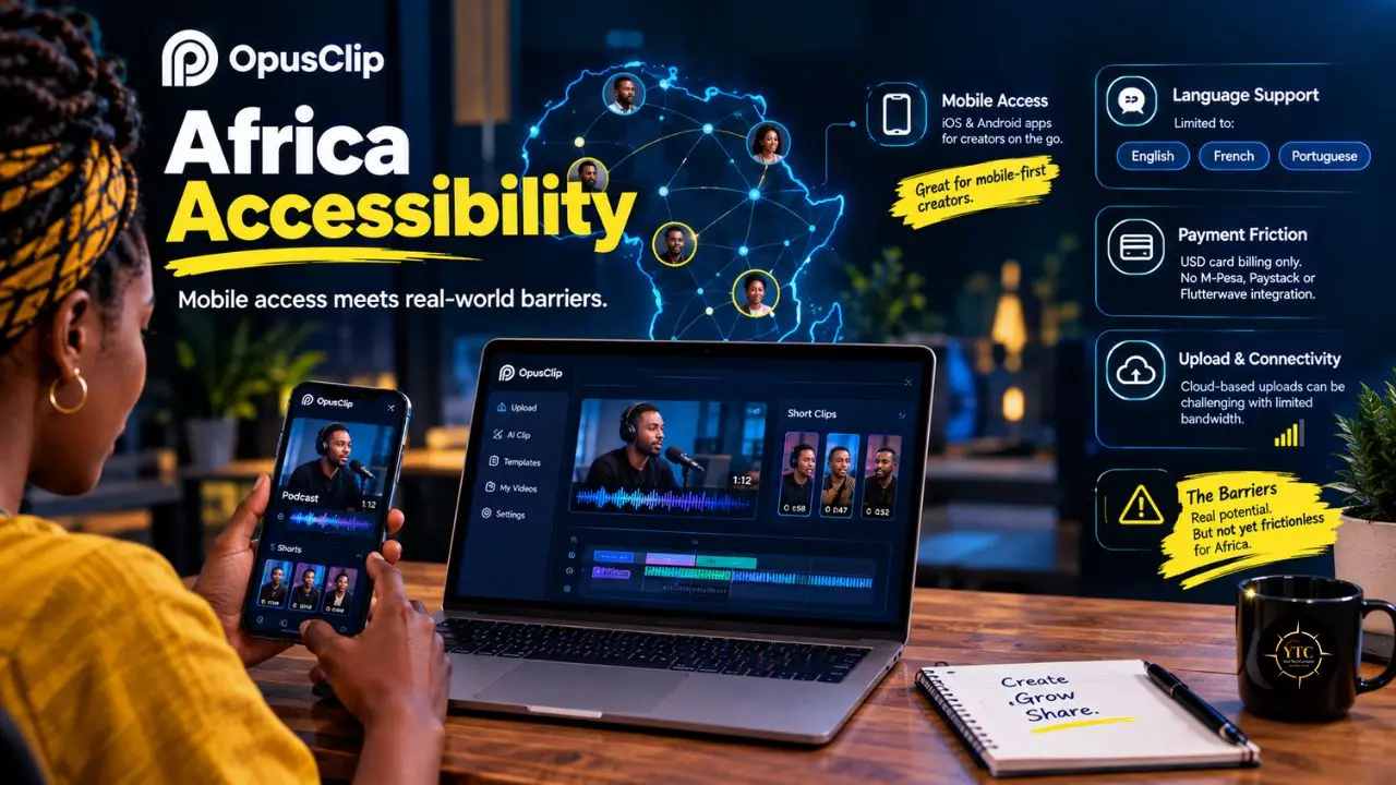 A person uses a phone beside an OpusClip laptop display, beneath the headline “Africa Accessibility” and panels about mobile access barriers.