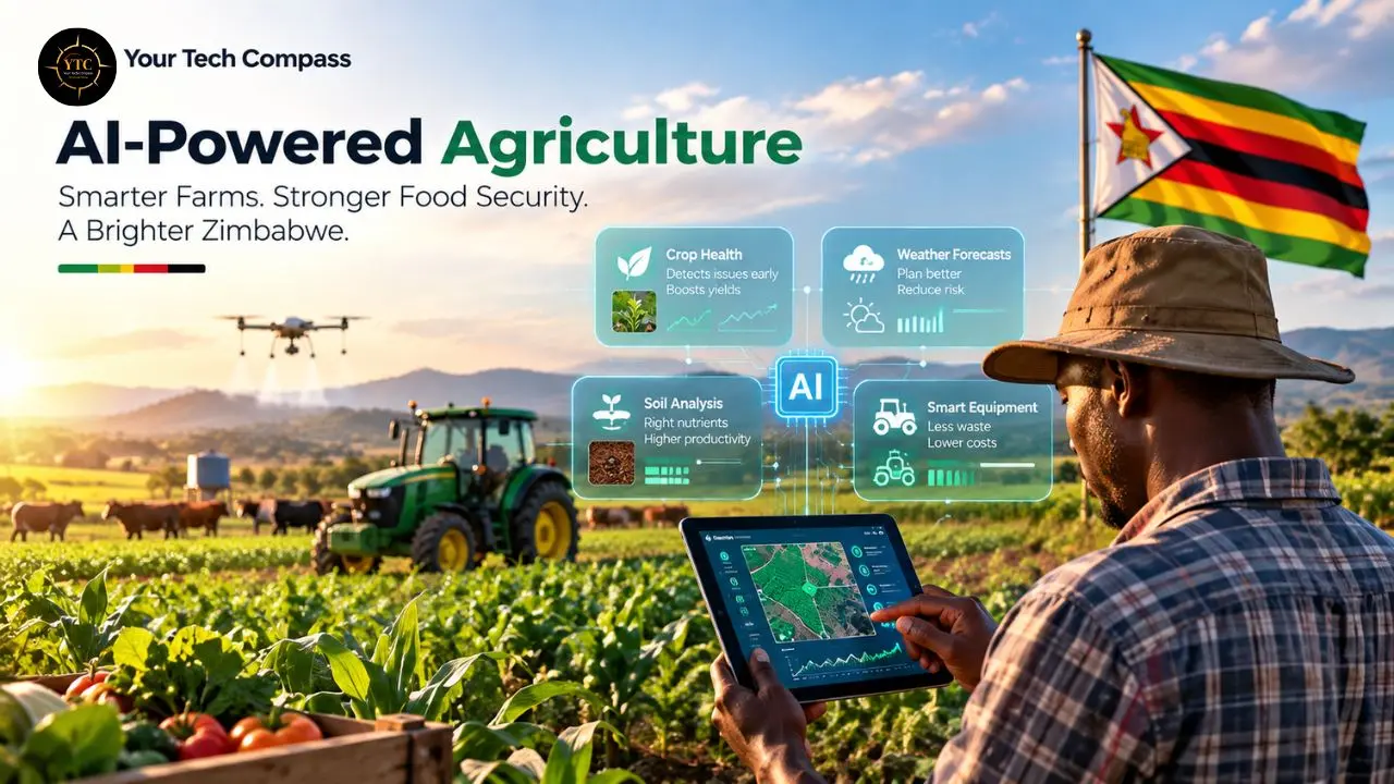 A farmer in a wide-brimmed hat uses a tablet in a field beside a tractor, with a Zimbabwe flag and AI farming panels; text reads “AI-Powered Agriculture” and “Smarter Farms. Stronger Food Security. A Brighter Zimbabwe.”