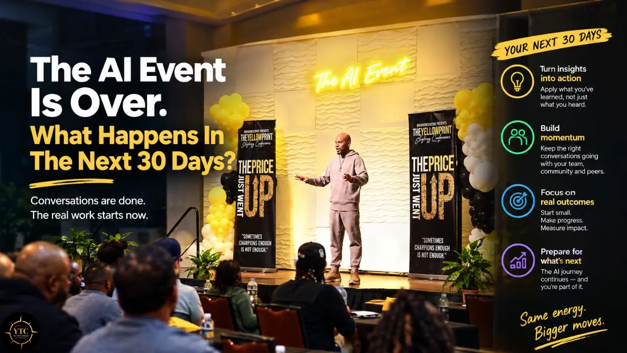 A presenter stands onstage before an audience beside a screen reading “The AI Event Is over. What Happens In The Next 30 Days?” and a panel outlining four next steps.