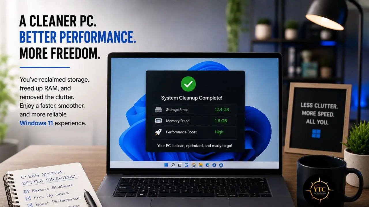 Laptop displays “System Cleanup Complete!” with storage and memory freed, beside text reading “A cleaner PC. Better performance. More freedom.”