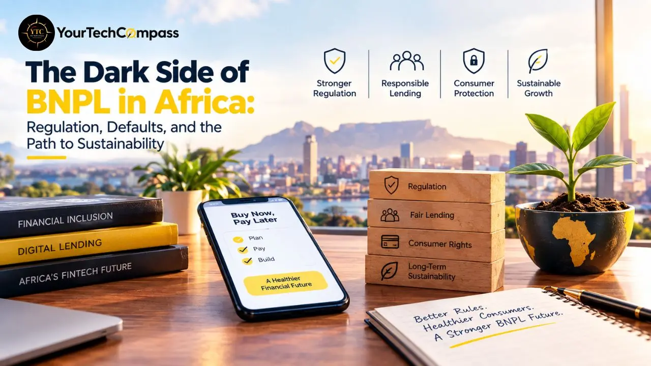 Graphic titled “The Dark Side of BNPL in Africa: Regulation, Defaults, and the Path to Sustainability,” with a phone, books, policy blocks, and a plant.