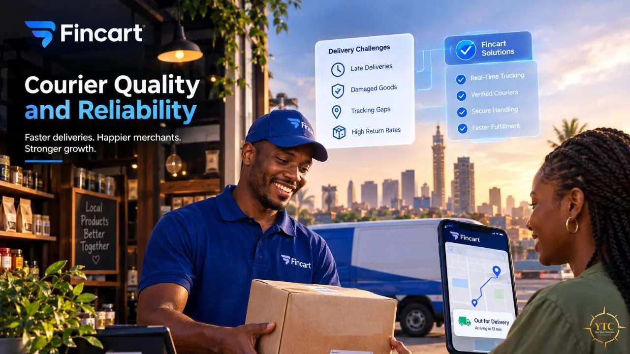 Fincart courier hands a package to a woman outside a shop, with delivery app and courier reliability graphics over a city backdrop.