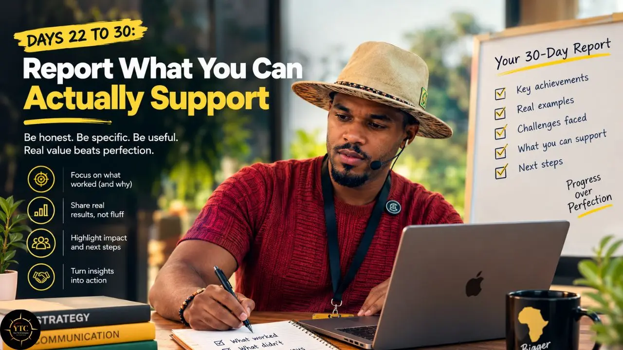 A man in a straw hat and red sweater writes at a laptop beside a poster titled “Your 30-Day Report,” with tips on the left.