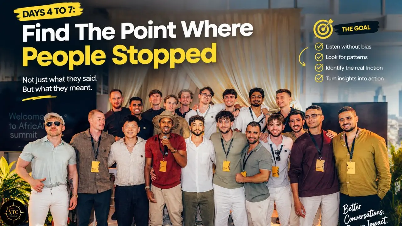 A group of men wearing conference badges pose in front of a screen reading “Find the Point Where People Stopped”; a side panel lists four goals.
