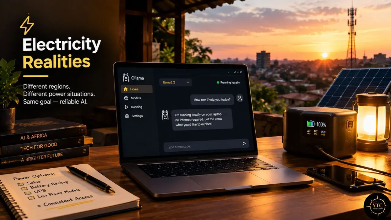 A laptop running Ollama sits beside a solar panel, battery, and lantern at sunset; text reads “Electricity Realities” and “Different regions. Different power situations. Same goal — reliable AI.”