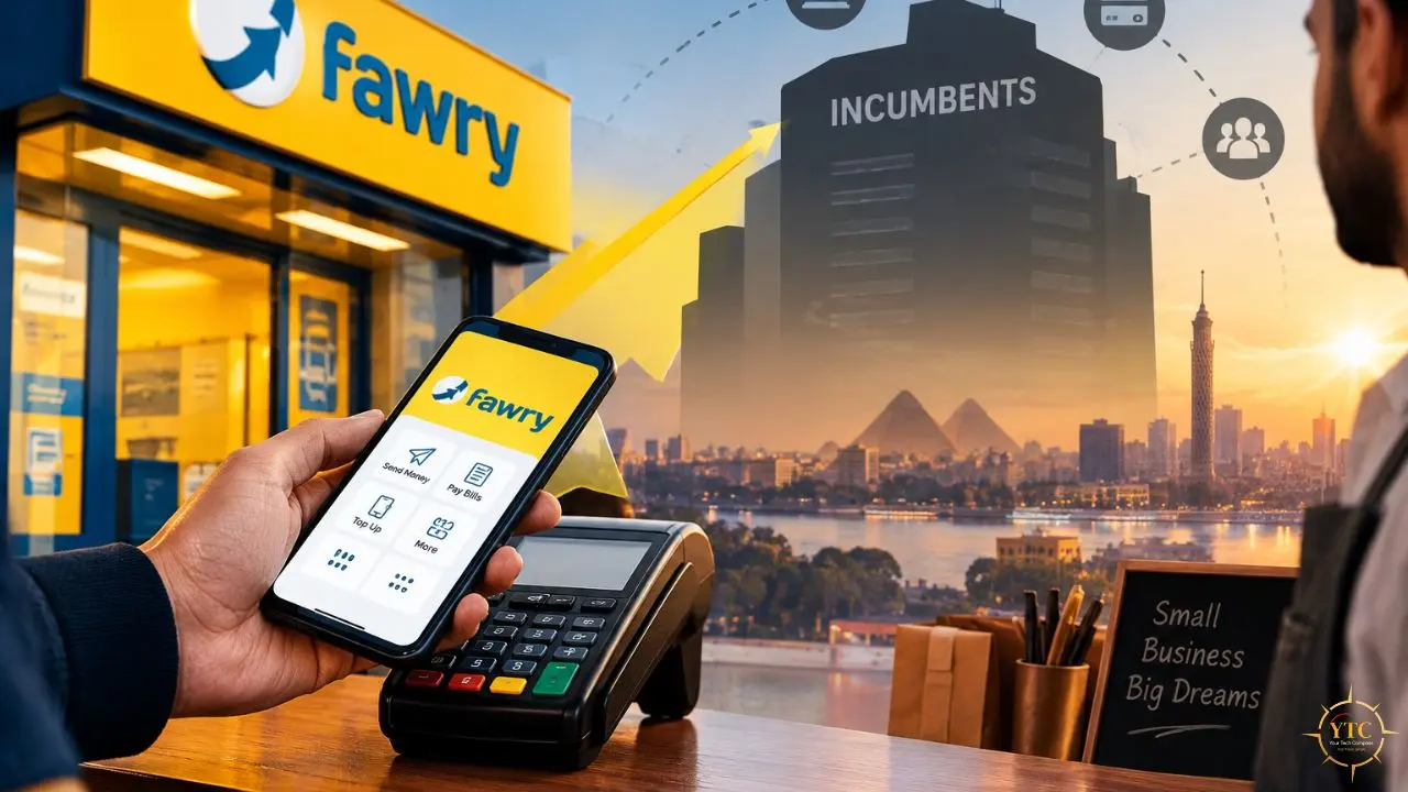 A Fawry storefront, smartphone displaying its payment app, card reader, and a city skyline graphic labeled “INCUMBENTS” beside a small-business sign.
