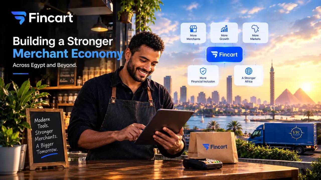 FinCart banner shows a smiling café merchant using a tablet, with Cairo landmarks, pyramids, and text about stronger merchant economies in Egypt and beyond.
