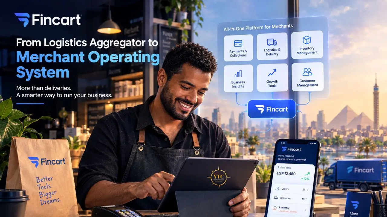Fincart banner shows a smiling man in an apron using a tablet, with merchant services icons, delivery trucks, and city skyline behind him.