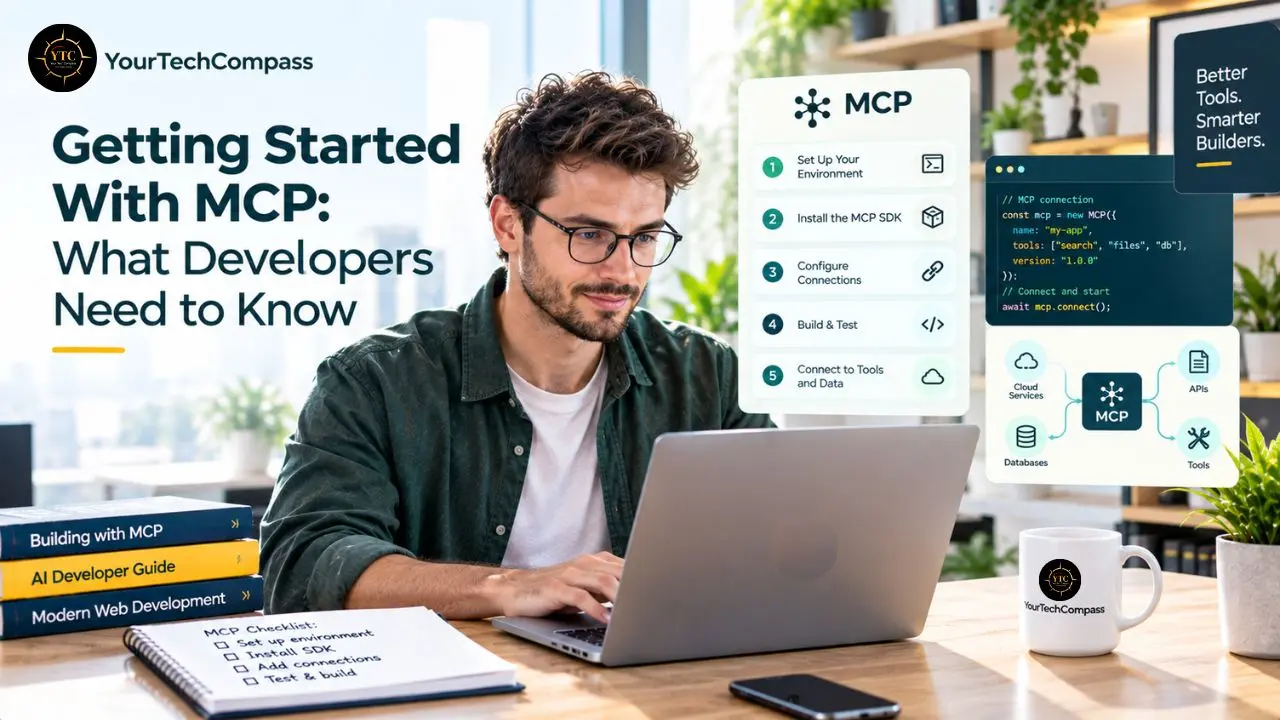 A developer works at a laptop beside MCP setup diagrams and notes; the headline reads “Getting Started With MCP: What Developers Need to Know.”