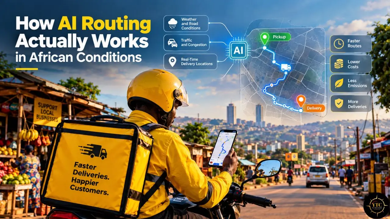 A yellow-clad motorcycle courier checks a route map beneath the headline “How AI Routing Actually Works in African Conditions.”