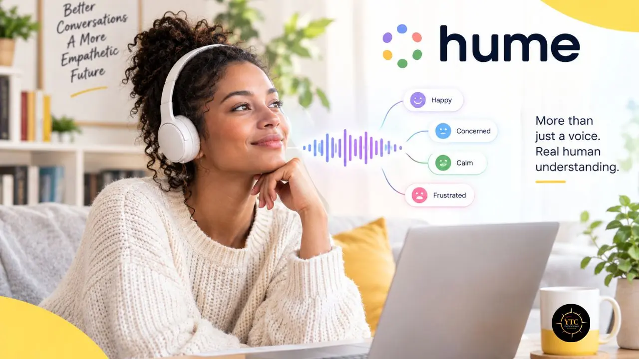 Woman wearing headphones sits beside a laptop, with a voice waveform, emotion labels, and the text “hume” and “More than just a voice.”