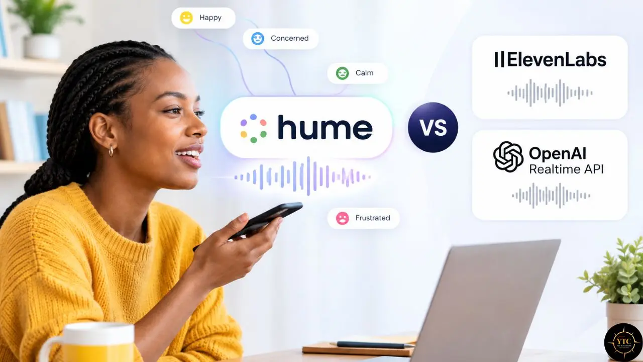 Woman in a yellow sweater speaks into a phone beside a laptop, with Hume versus ElevenLabs and OpenAI Realtime API labels.
