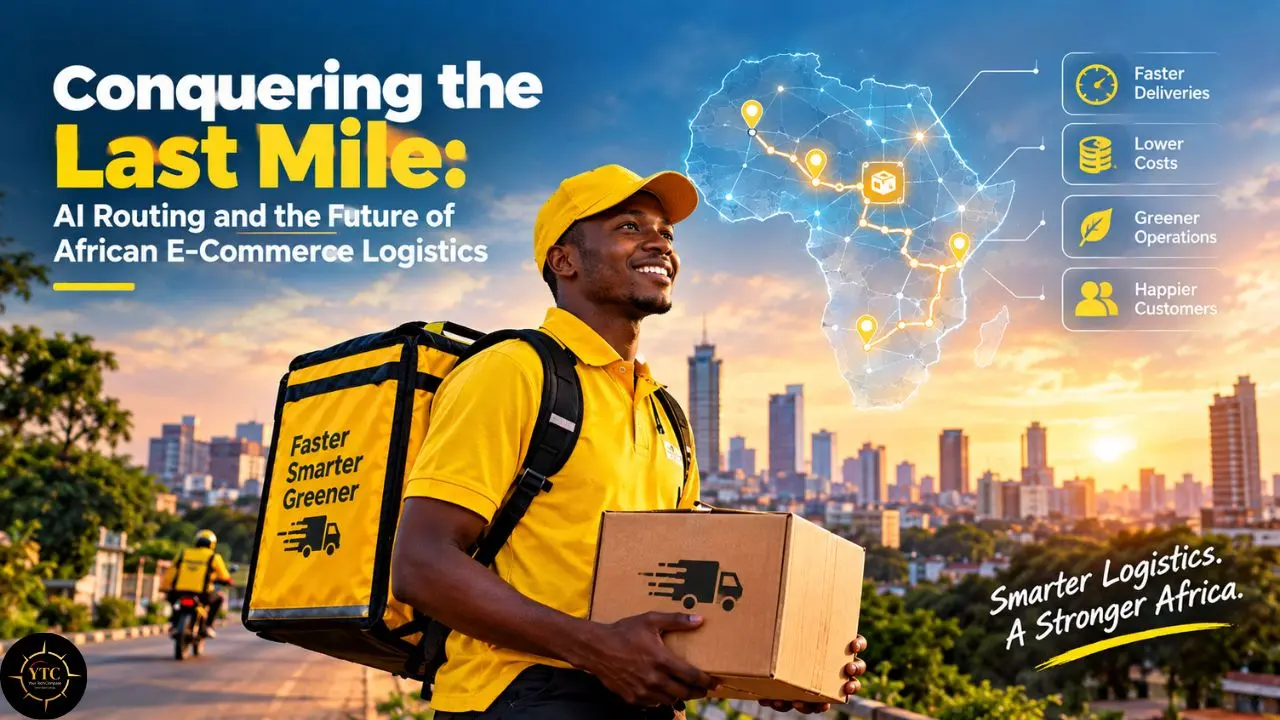 Delivery worker in yellow uniform carrying a package, with a city skyline and map graphic; text reads “Conquering the Last Mile” and “AI Routing and the Future of African E-Commerce Logistics.”