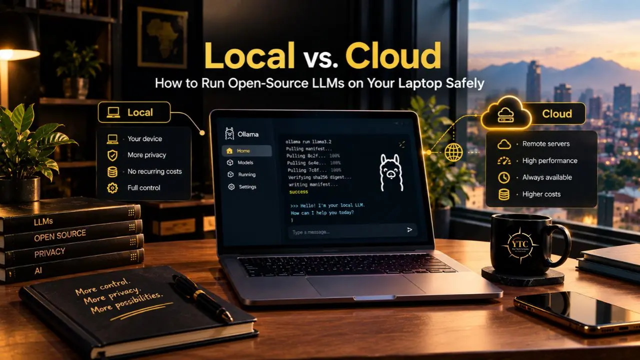 A laptop running Ollama sits between panels comparing local and cloud LLMs; the headline reads “Local vs. Cloud: How to Run Open-Source LLMs on Your Laptop Safely.”