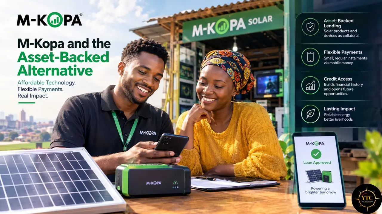 M-KOPA ad shows two people at a solar shop beside a panel and device, with text reading “Asset-Backed Alternative” and “Loan Approved.”