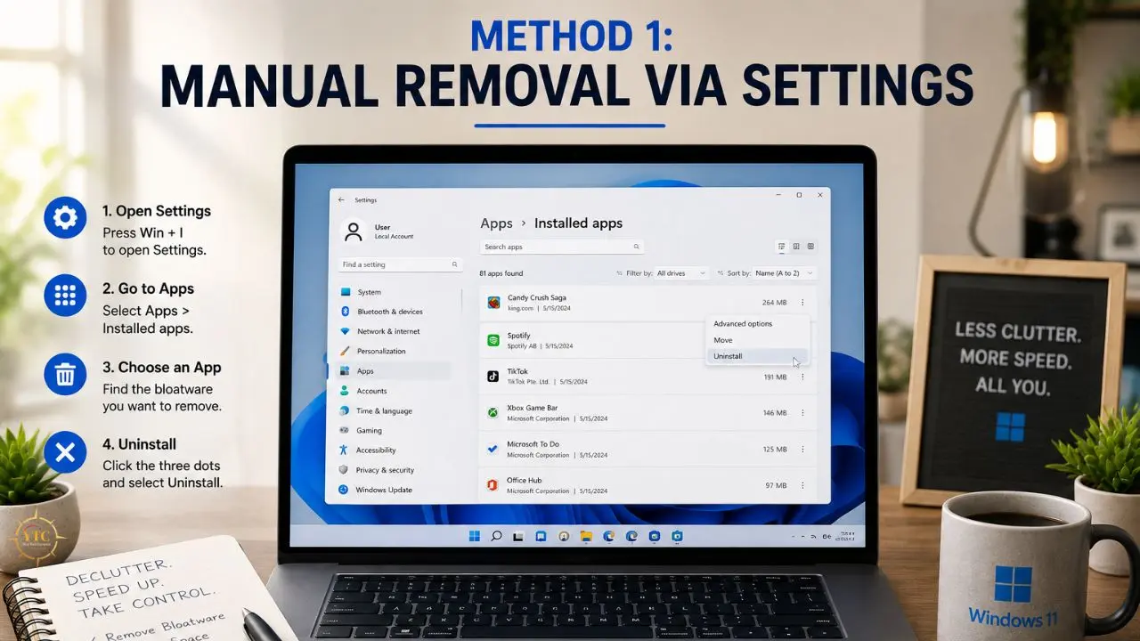 Instructional graphic titled “Method 1: Manual Removal via Settings,” showing Windows 11 Apps settings and four steps to uninstall bloatware.