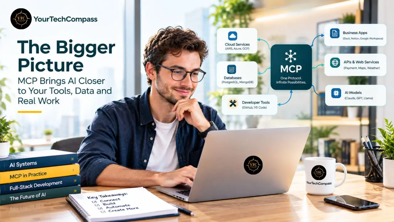 A man works at a laptop beside books and a notebook; a diagram shows MCP connecting cloud services, databases, developer tools, business apps, APIs, and AI models. The headline reads, “The Bigger Picture: MCP Brings AI Closer to Your Tools, Data and Real Work.”