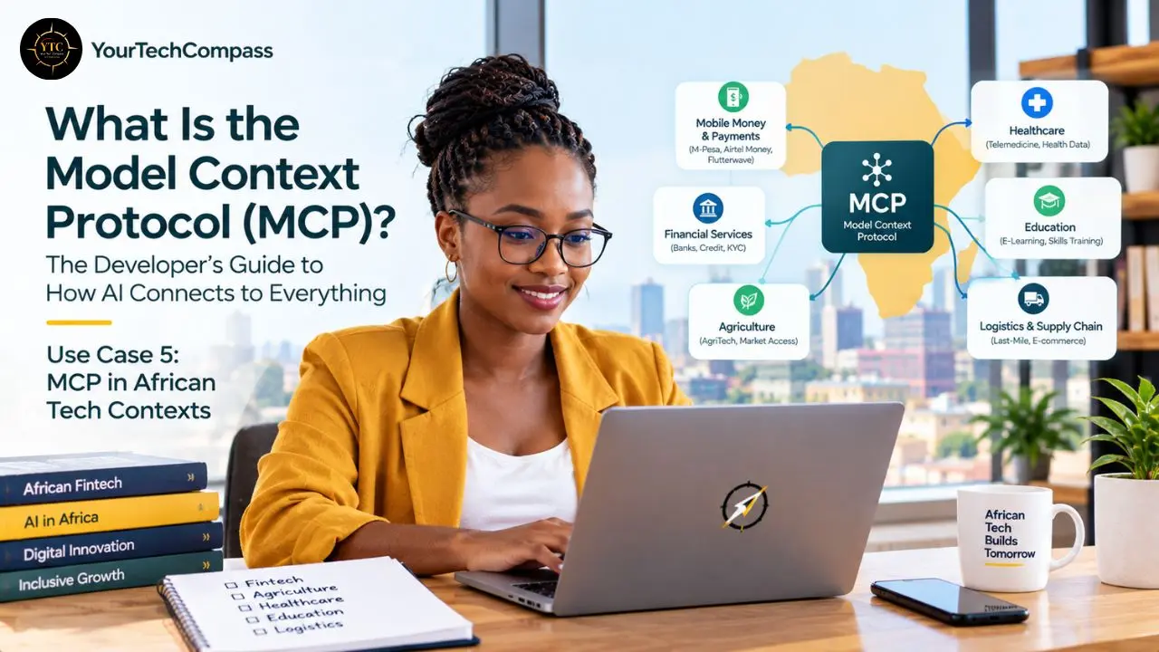 A woman works at a laptop beside a diagram linking MCP to African industries; the headline reads “What Is the Model Context Protocol (MCP)?”