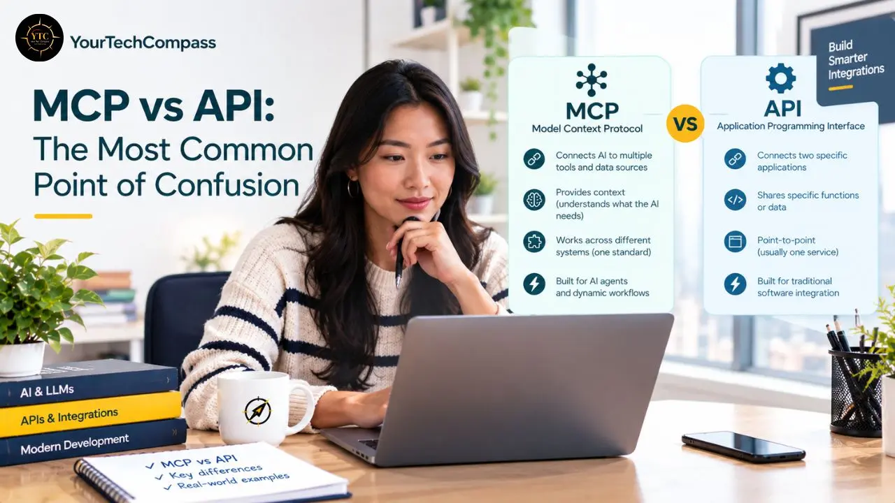 A woman works at a laptop beside a chart titled “MCP vs API: The Most Common Point of Confusion,” comparing their uses and features.