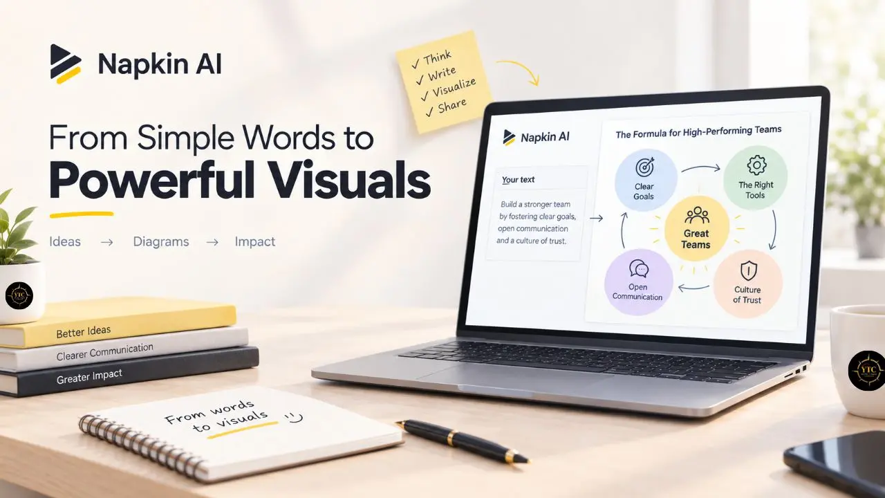 Napkin AI graphic reading “From Simple Words to Powerful Visuals,” beside a laptop showing a team formula diagram.