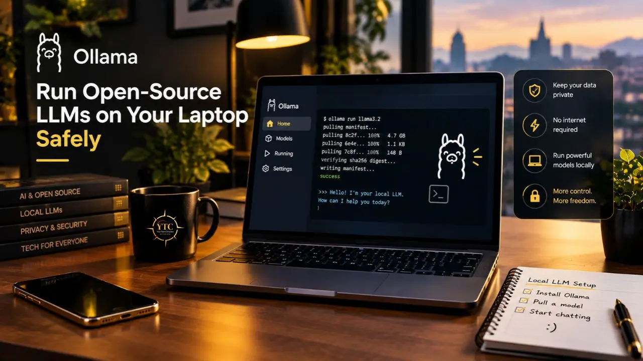 A laptop running Ollama displays terminal output and a local chat; text beside it reads “Run Open-Source LLMs on Your Laptop Safely,” with privacy benefits listed.