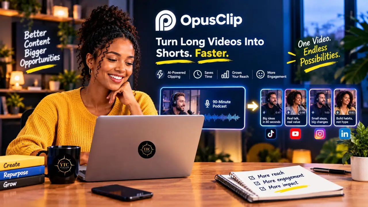 A smiling woman works on a laptop beside promotional text for OpusClip, showing long-video-to-short conversion and social media examples.