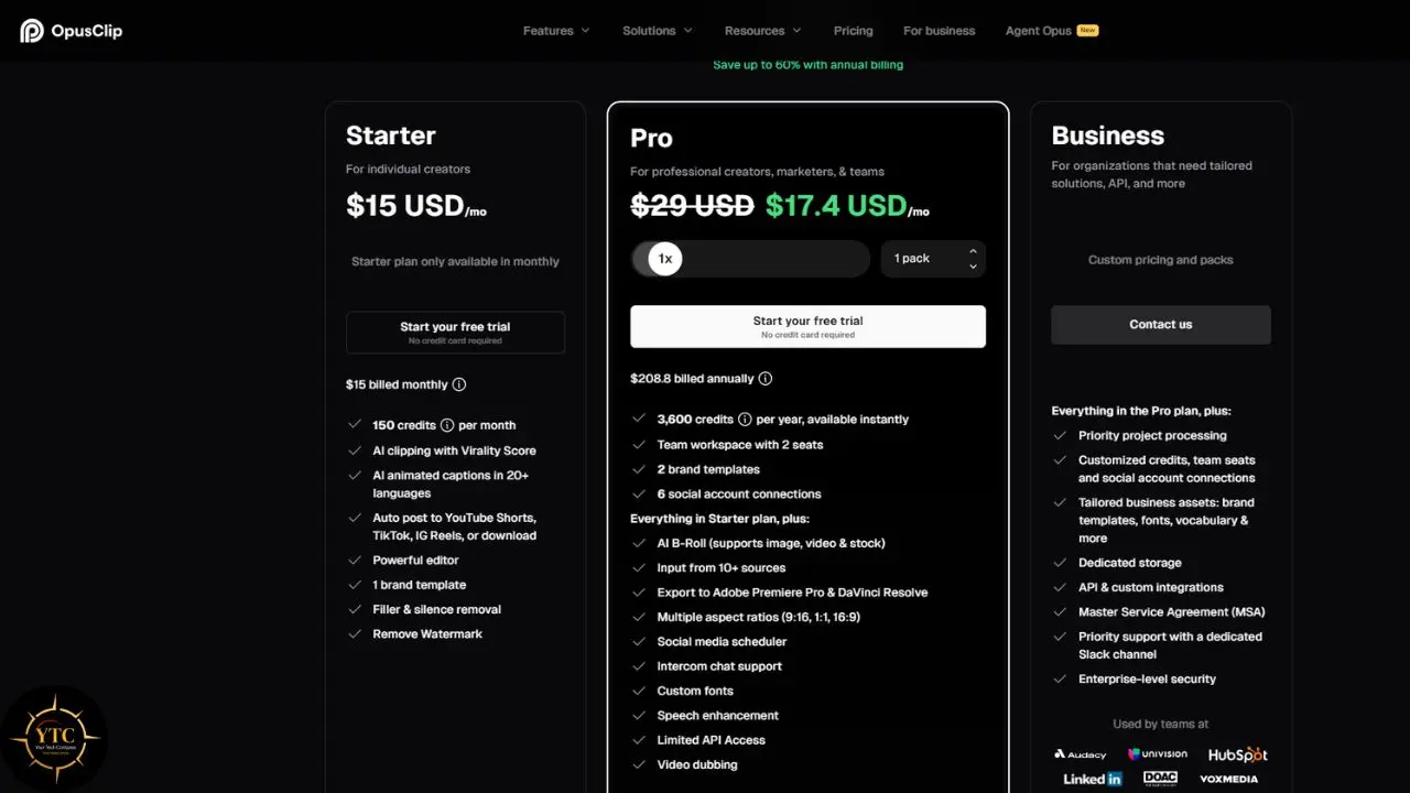 OpusClip pricing page showing Starter at $15 USD monthly, Pro at $17.4 USD monthly, and Business with custom pricing.