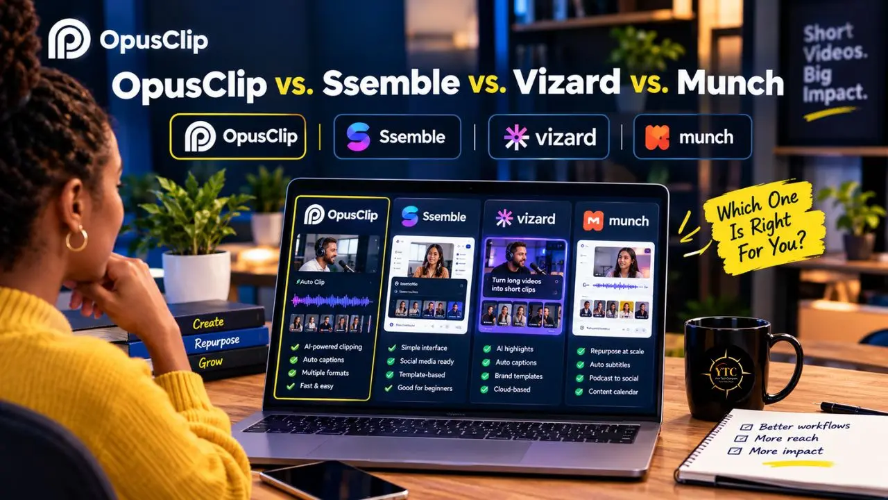 Person views a laptop comparison of OpusClip, Ssemble, vizard, and munch, with the headline “Which One Is Right For You?”