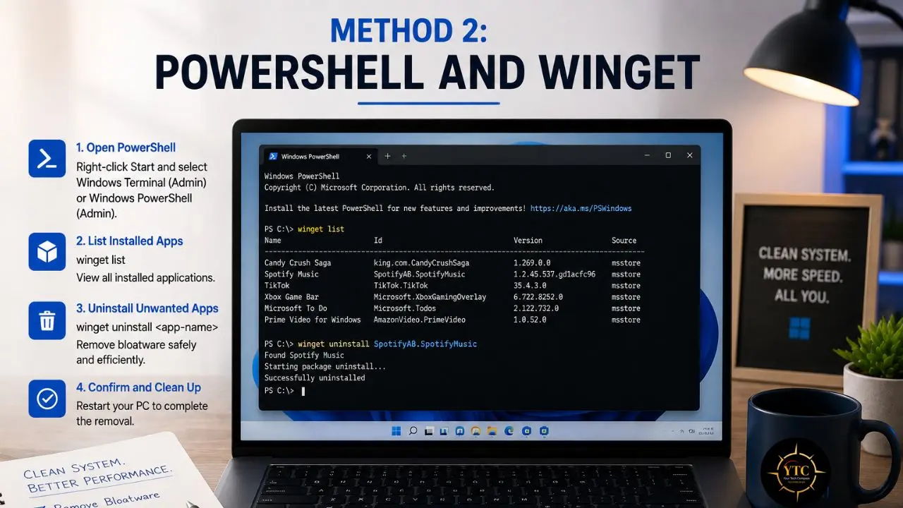 Infographic titled “Method 2: PowerShell and Winget” shows four uninstall steps beside a laptop running Windows PowerShell.