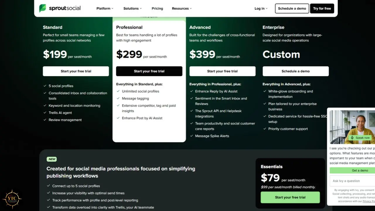 Sprout Social pricing page comparing Standard at $199, Professional at $299, Advanced at $399, and custom Enterprise plans, with an Essentials plan at $79 below.