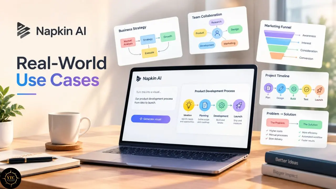 Napkin AI graphic showing “Real-World Use Cases,” a laptop with a product development diagram, and surrounding business process charts.