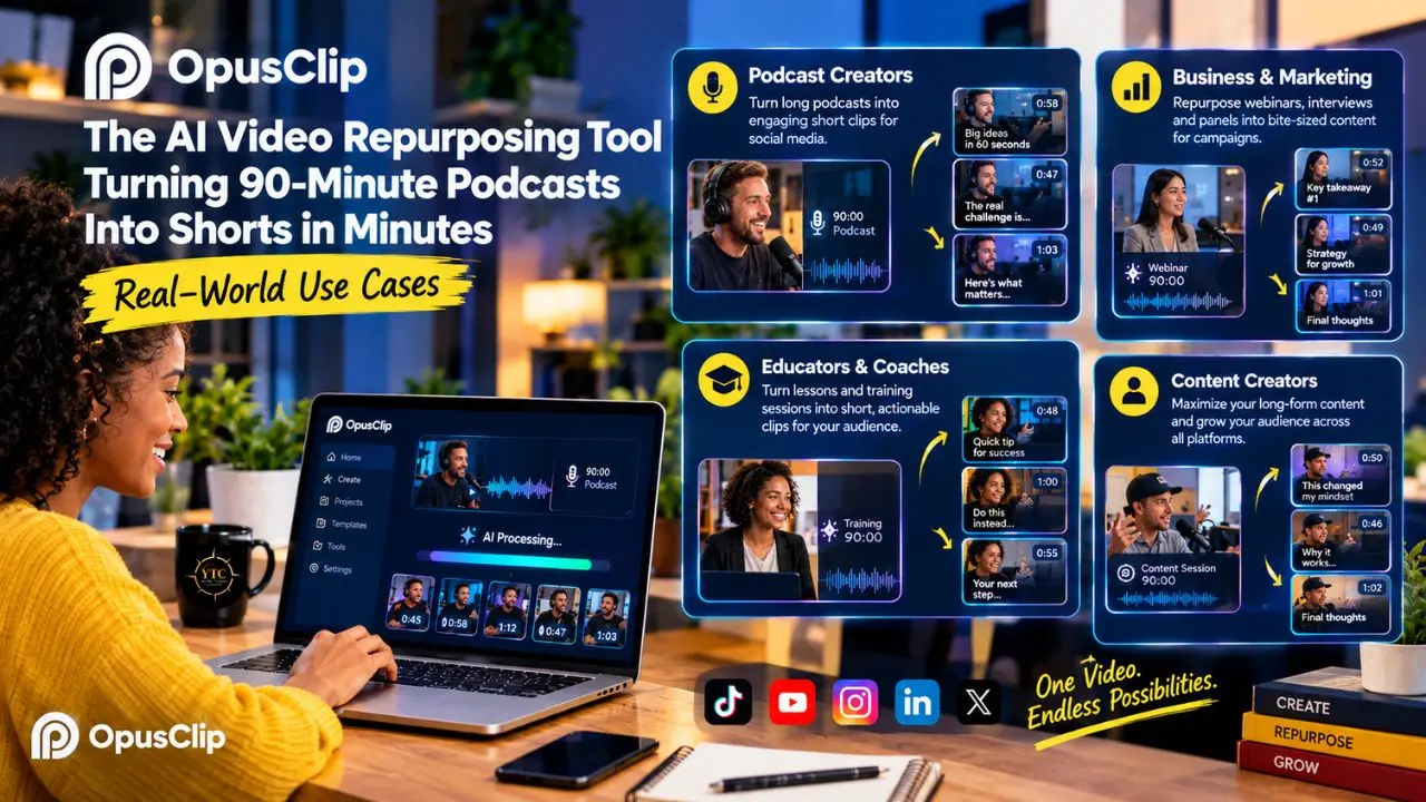 Woman uses OpusClip on a laptop beside text reading “AI Video Repurposing Tool,” with podcast, business, educator, and creator use cases.