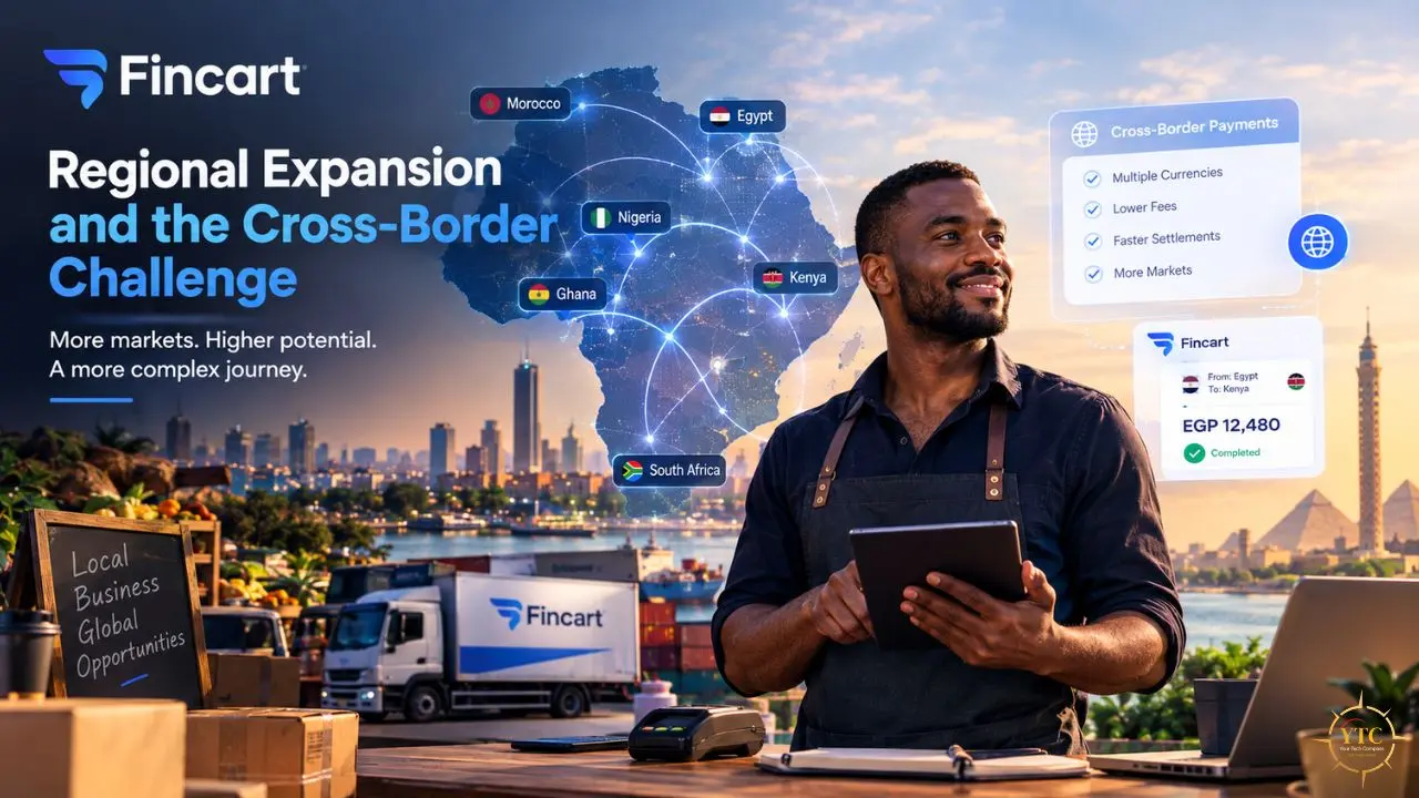 FinCart graphic shows an African map with cross-border payment links, a man holding a tablet, and text reading “Regional Expansion and the Cross-Border Challenge.”