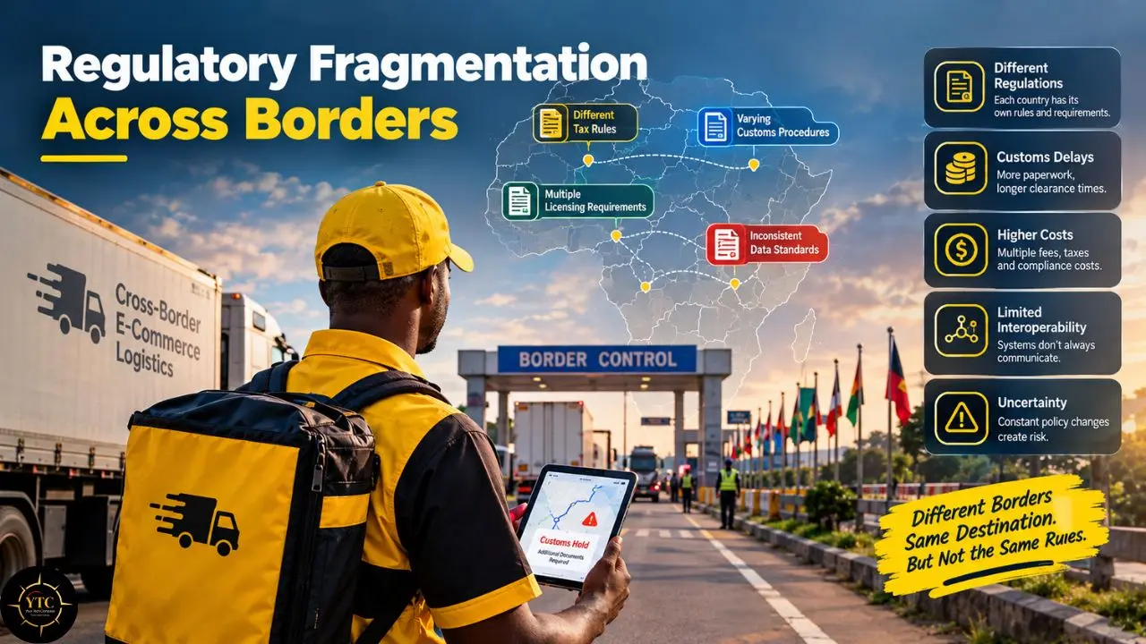 Delivery worker stands at a border control checkpoint holding a tablet, beside a truck labeled “Cross-Border E-Commerce Logistics,” with regulatory challenges listed.